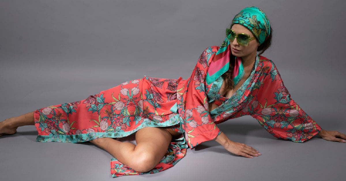 NUVULA CROCUS FLORAL RED AND AQUA SATIN KIMONO ROBE