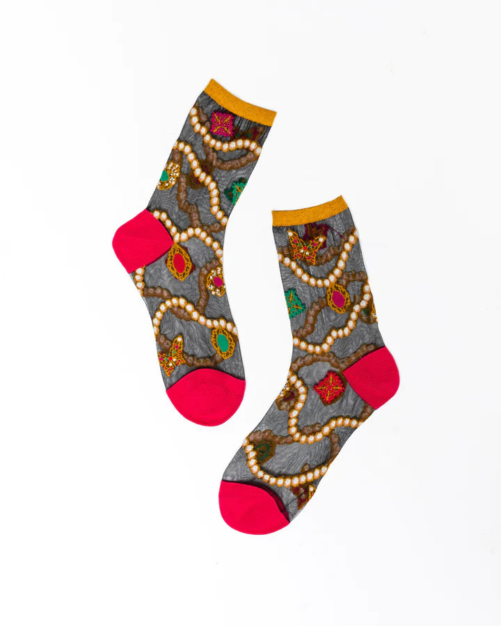 PEARLS & JEWELS BLACK SHEER ANKLE SOCK BY SOCK CANDY