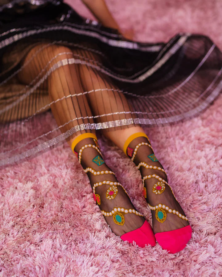 PEARLS & JEWELS BLACK SHEER ANKLE SOCK BY SOCK CANDY