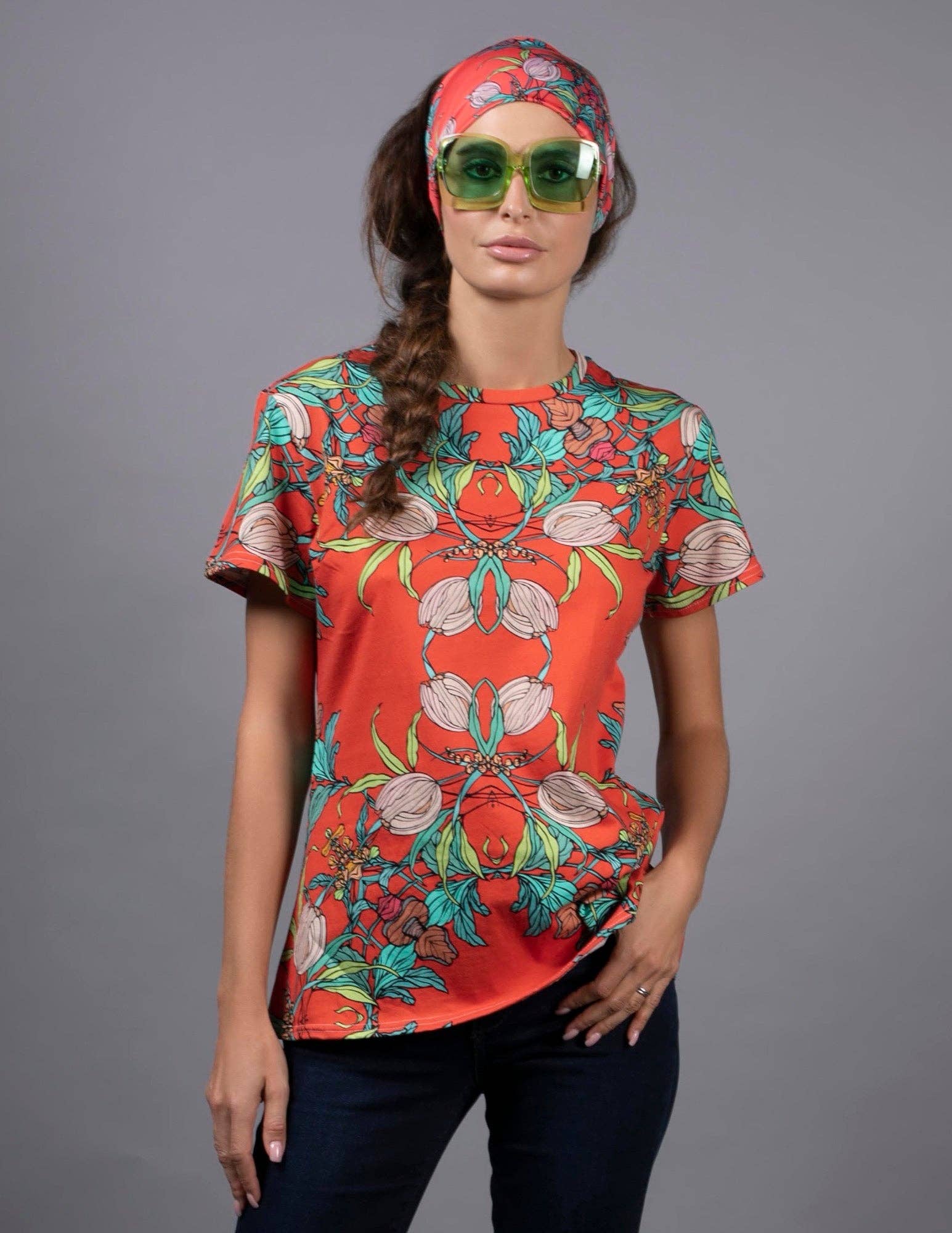 CROCUS RED AND AQUA FLORAL RED T-SHIRT BY NUVULA