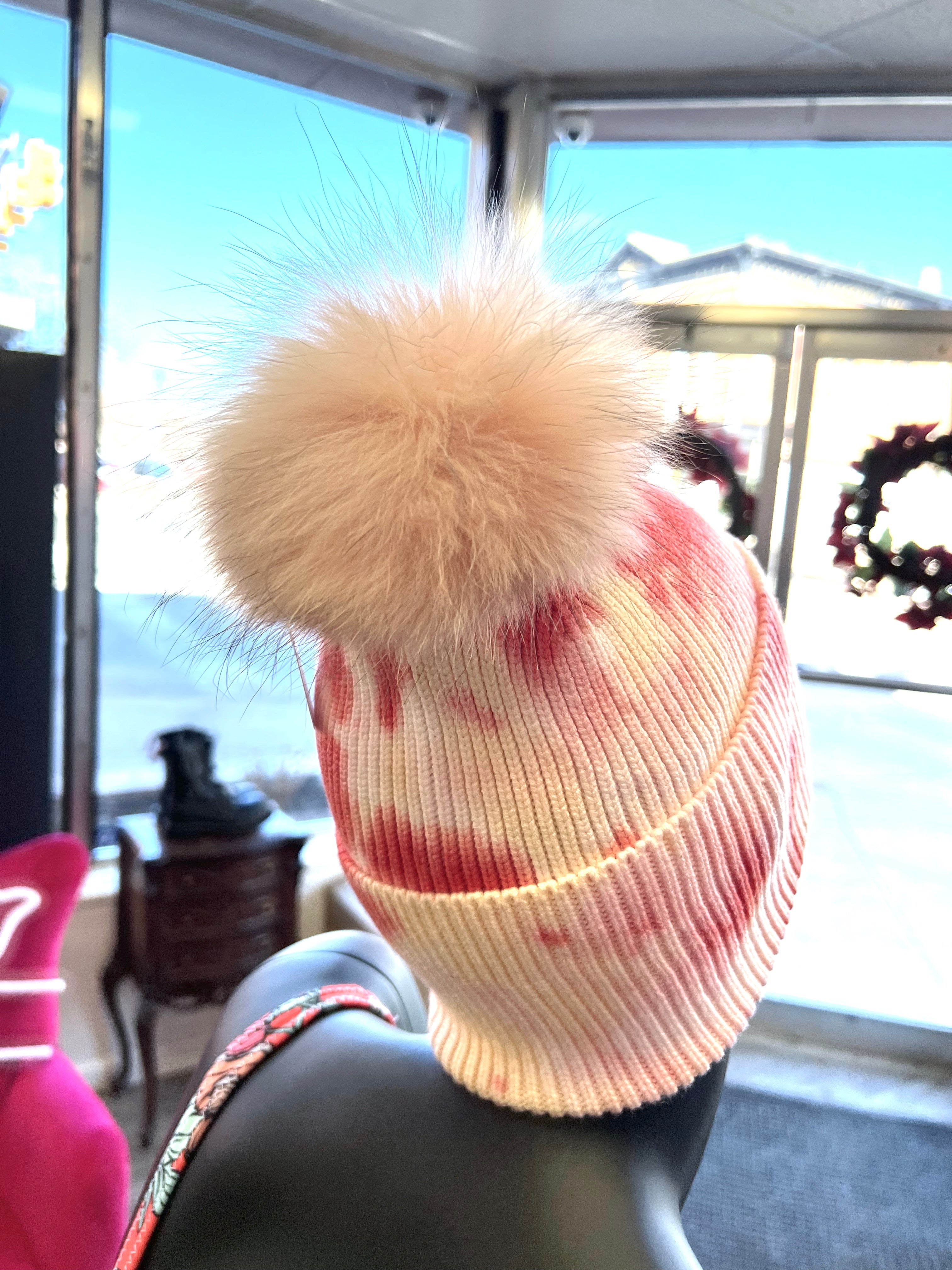 PINK TIE DYE HAT WITH PINK FUR POM