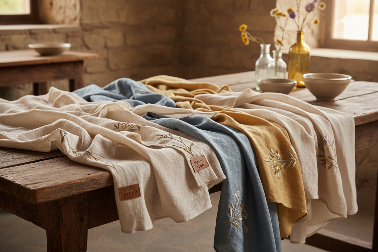 Elegant linen and silk garments draped over a rustic wooden table showcasing artisan Italian and American craftsmanship