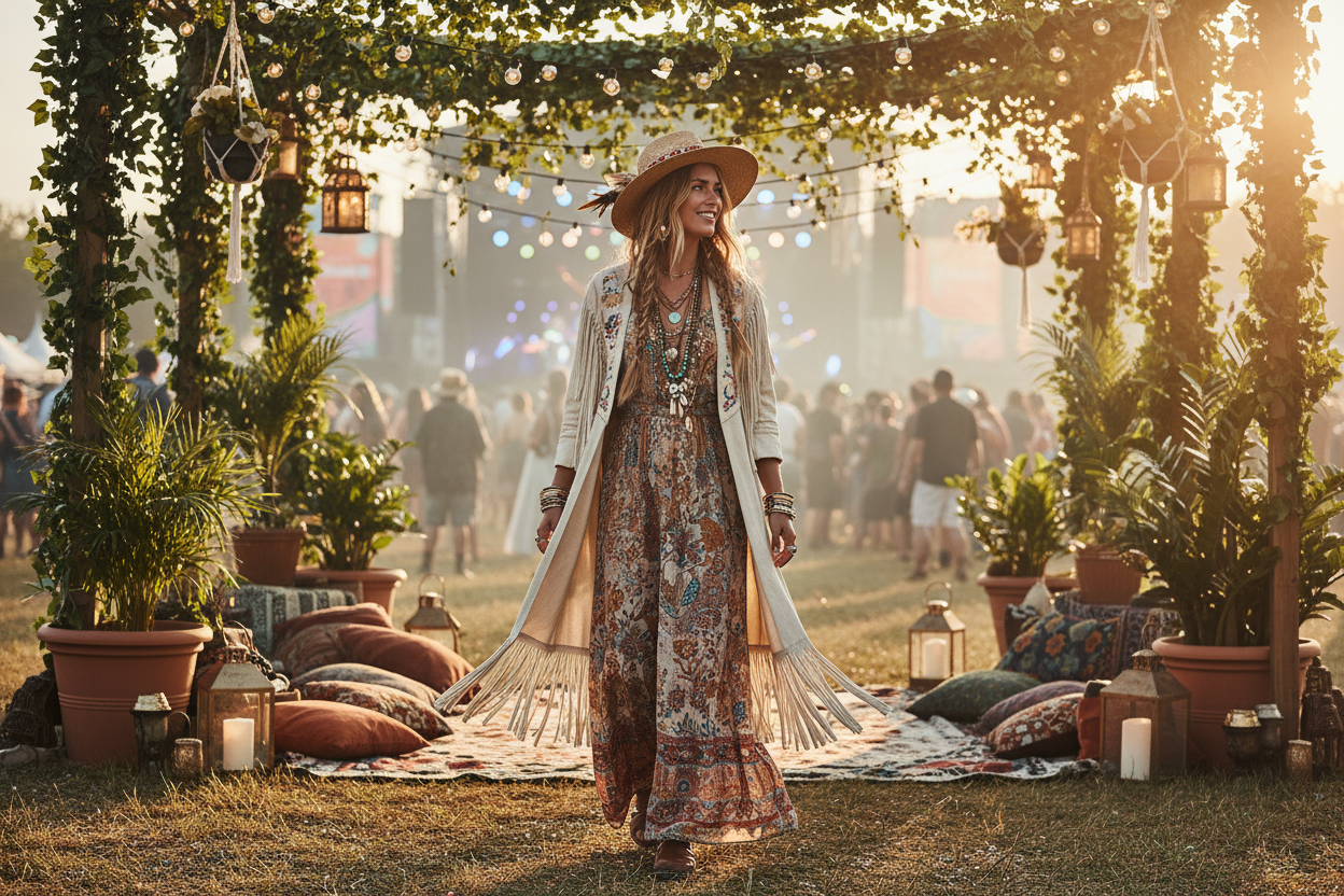 Boho woman in fringe jacket at a summer music festival with golden hour lighting