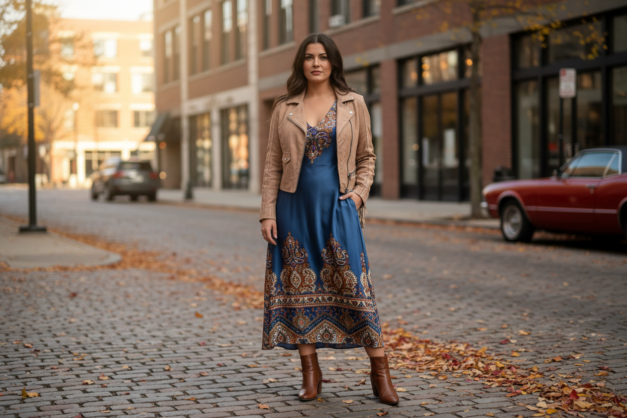Woman wearing a fringed leather moto jacket over a silk midi dress with ankle boots on an autumn city street — fall leather jacket trends
