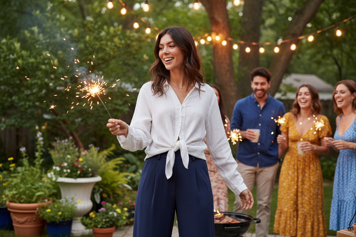 Woman wearing a white top and navy pants holding a sparkler at a Fourth of July backyard BBQ