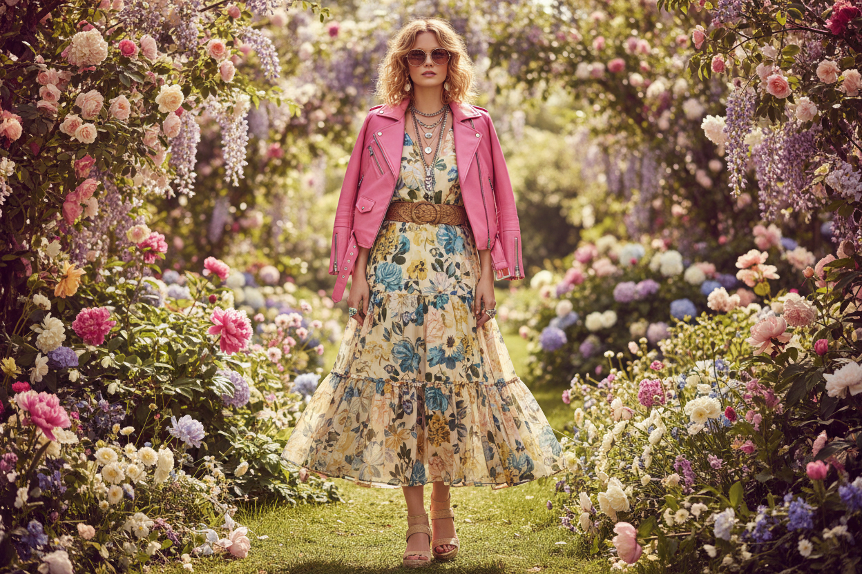 Woman wearing a pink leather jacket over a floral dress in a spring garden