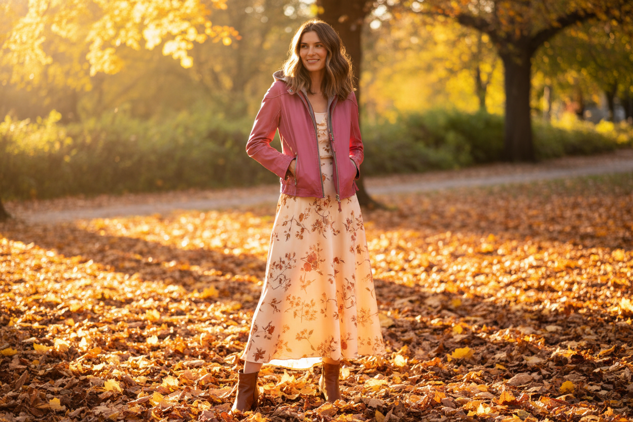Woman wearing a pink leather jacket over a silk dress with ankle boots surrounded by autumn leaves — summer to fall outfit transition