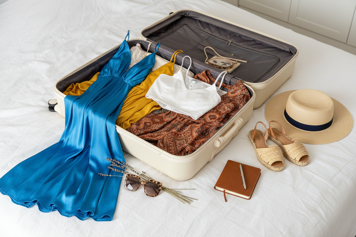 Summer vacation suitcase with silk dresses, linen top, and travel accessories laid out on a white bed