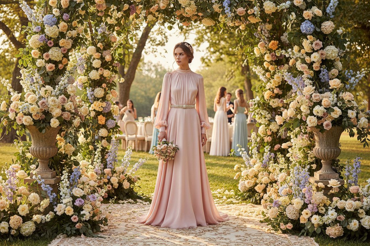 Woman in an elegant flowing silk dress at an outdoor summer wedding with floral arrangements and warm sunlight