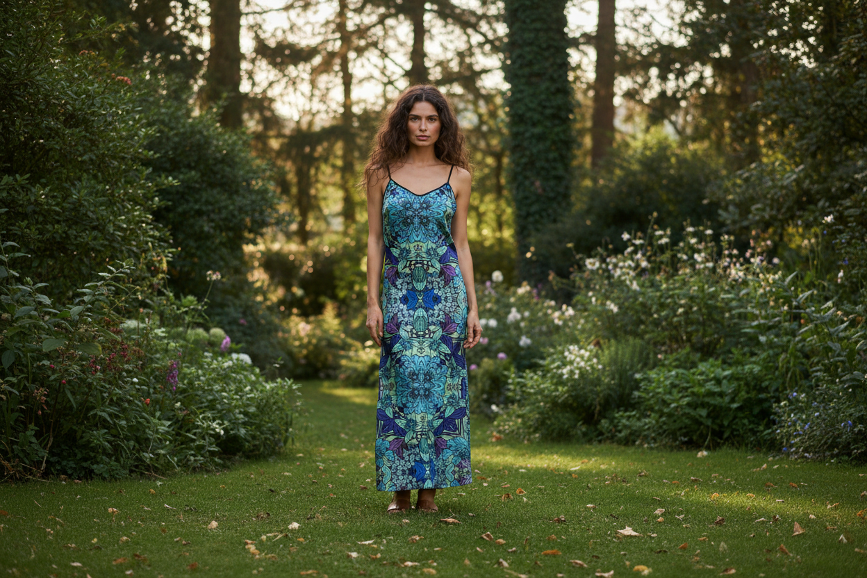 Woman in a blue floral slip maxi dress standing in a lush green garden — sustainable artisan women's fashion by Nuvula