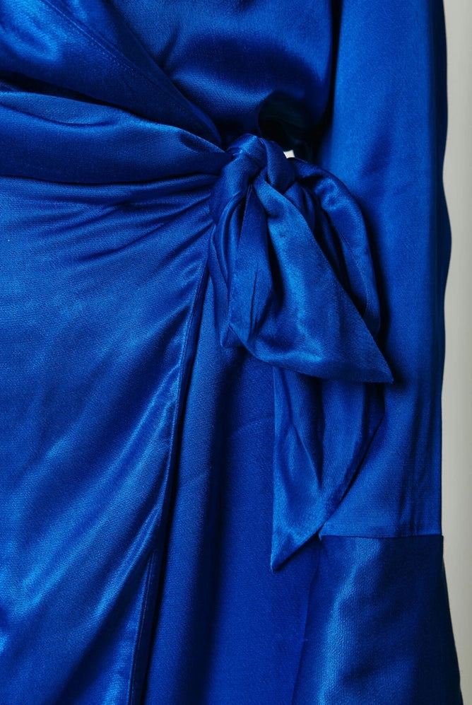 DORIN SATIN BLUE WRAP DRESS BY COLOURFUL REBEL