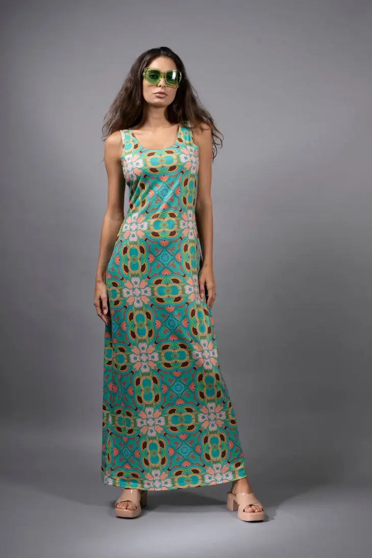 PSYCHEDELIC CROSSES AND STAR TEAL TANK MAXI DRESS