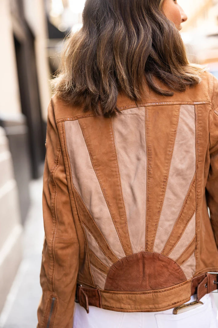 SUNNY TAN LEATHER JACKET WITH SUNRISE DETAIL – ISOF SUNNY TAN LEATHER JACKET WITH SUNRISE DETAIL – ISOF