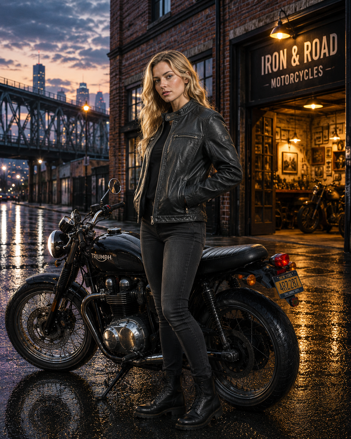 Woman in leather jacket standing next to a motorcycle in front of 'Iron & Road Motorcycles' store.