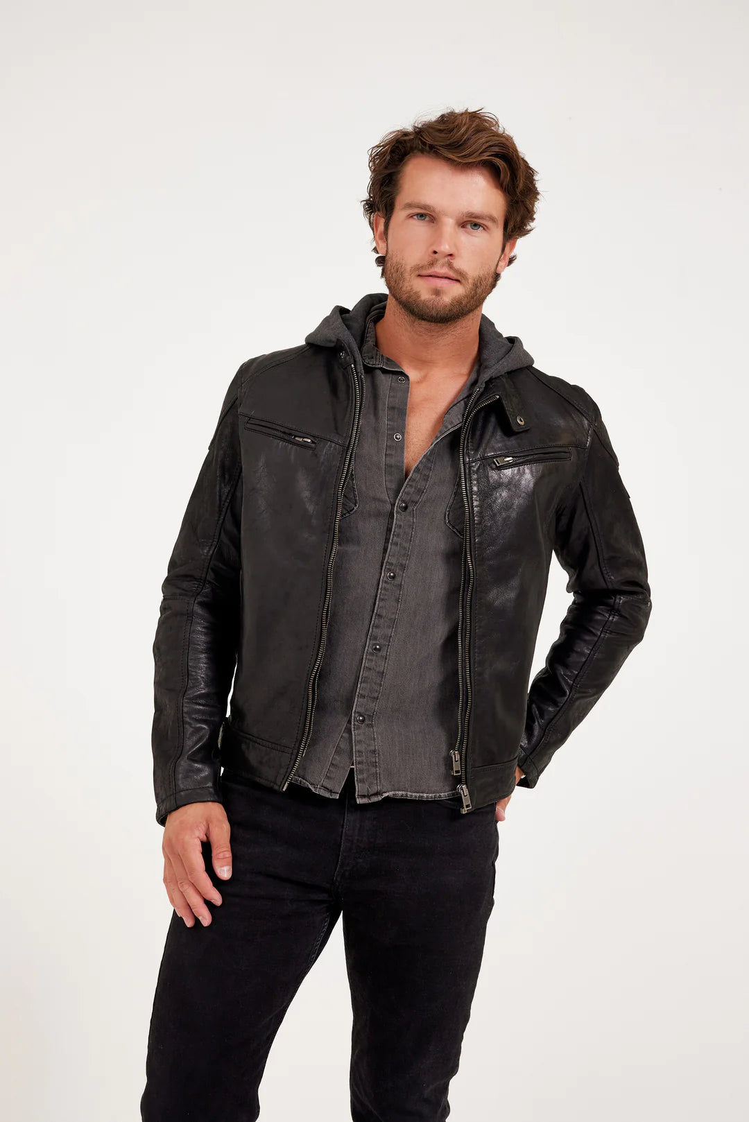 MAURITIUS BLACK LEATHER JACKET WITH ZIPOUT INSERT AND HOOD