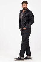MAURITIUS BLACK LEATHER JACKET WITH ZIPOUT INSERT AND HOOD SIDE VIEW