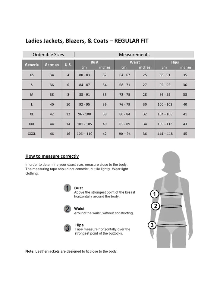 Mauritius Julene RF Short Beige Leather Moto Jackets Size Chart