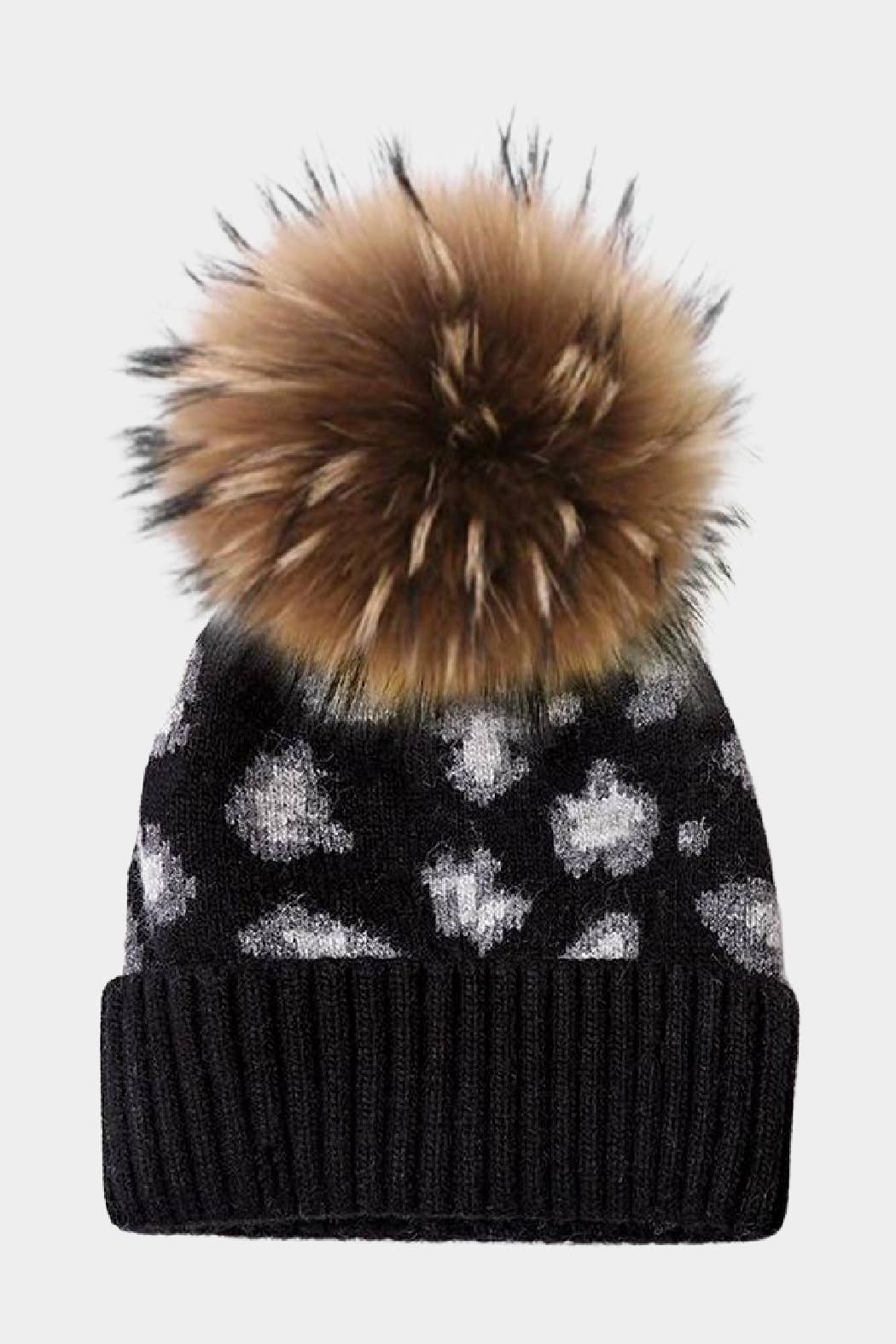 black leopard beanie with real fur pom