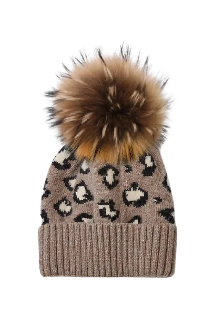 taupe leopard beanie with real fur pom