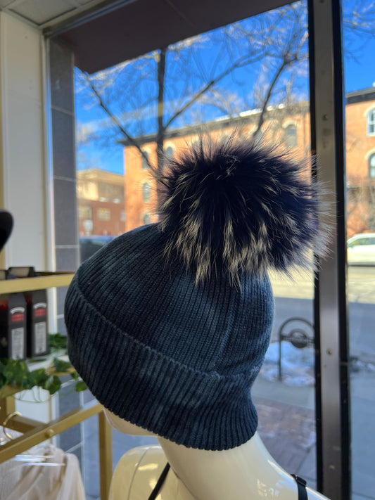 Blue Tie Dye Hat with Real Fur Pom