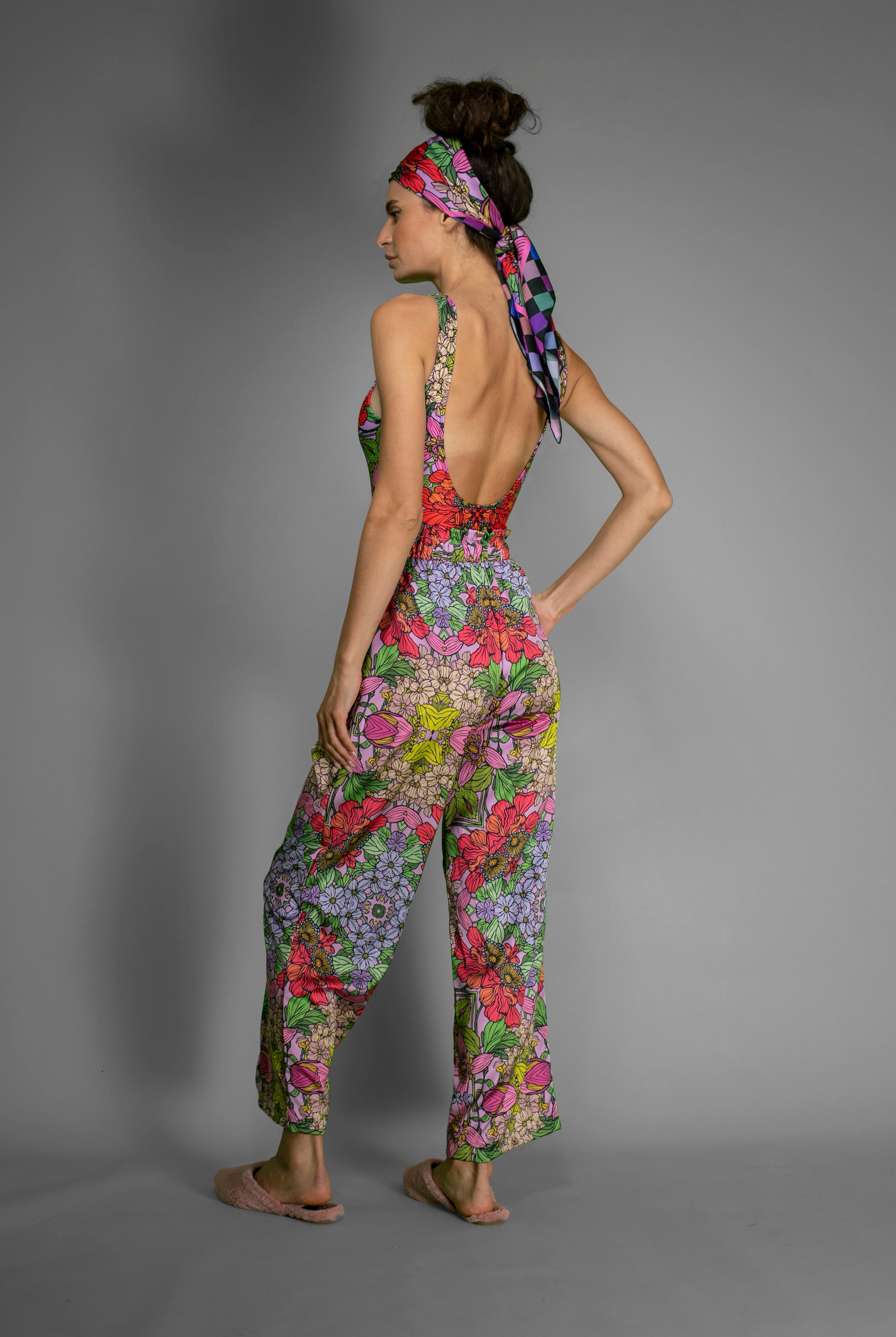 NUVULA RED FLORAL SATIN WIDE-LEG PANTS