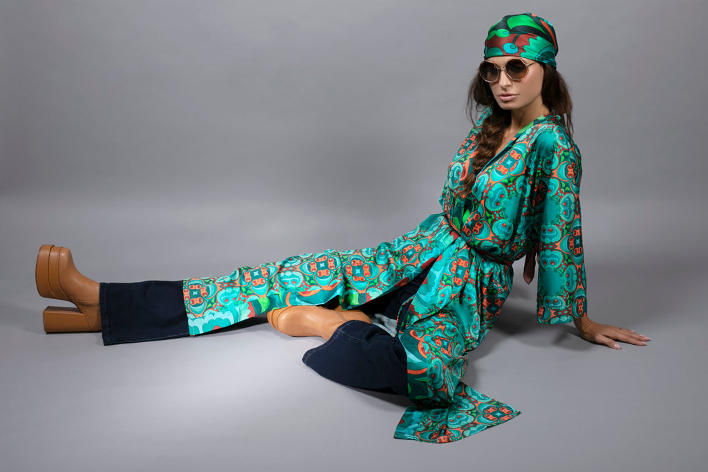 PSILOCYBIN TEAL AND ORANGE LONG SATIN KIMONO BY NUVULA