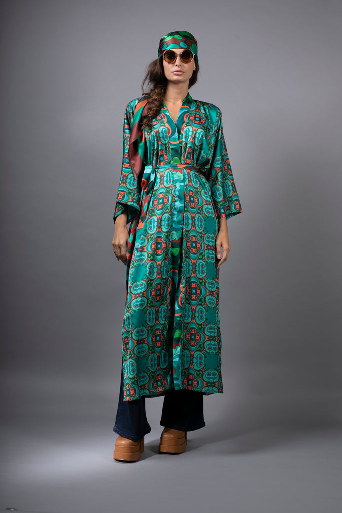 PSILOCYBIN TEAL AND ORANGE LONG SATIN KIMONO BY NUVULA
