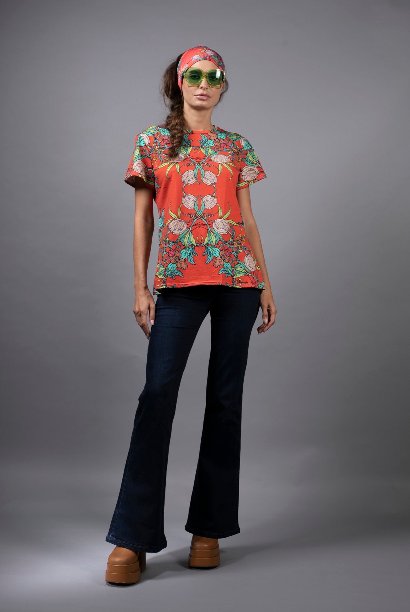 CROCUS RED AND AQUA FLORAL RED T-SHIRT BY NUVULA
