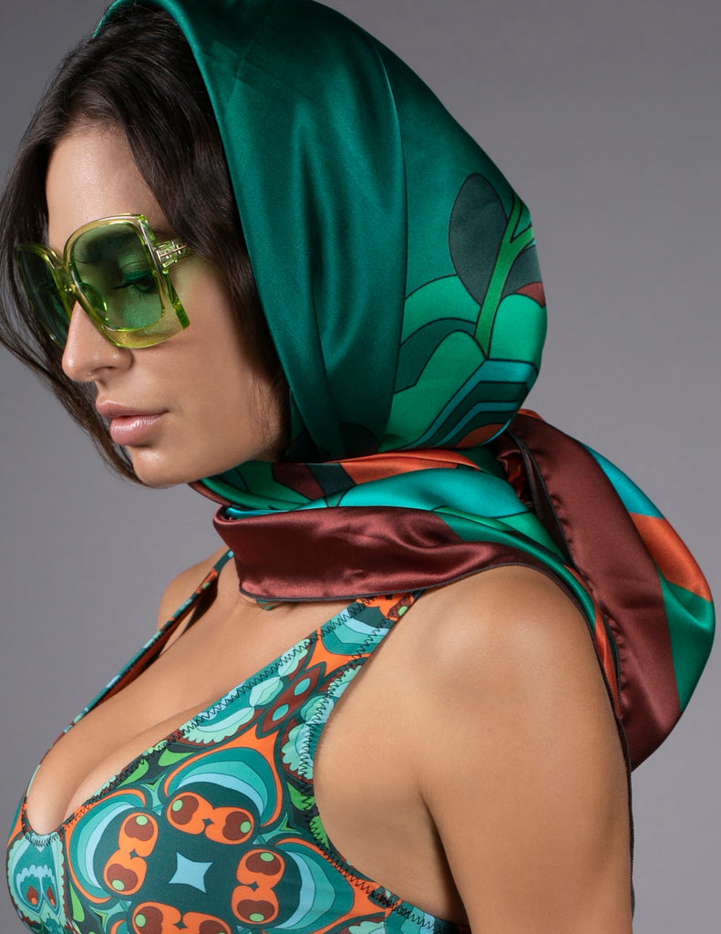 NUVULA PSILOCYBIN TEAL AND ORANGE SILK SCARF