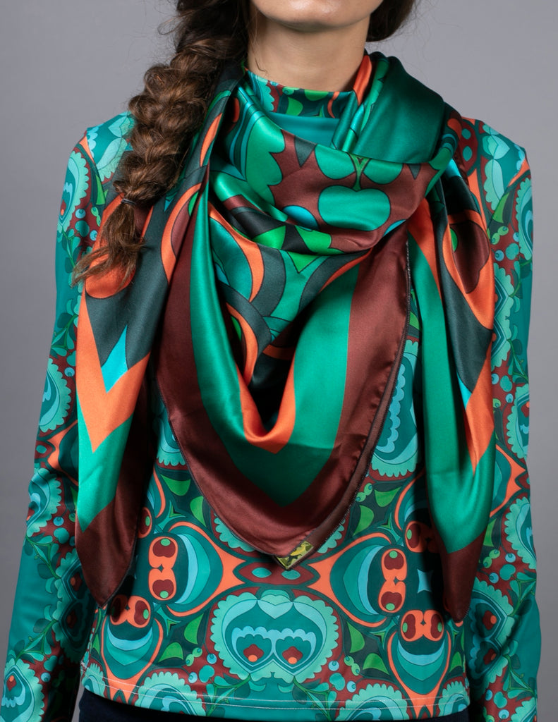NUVULA PSILOCYBIN TEAL AND ORANGE SILK SCARF