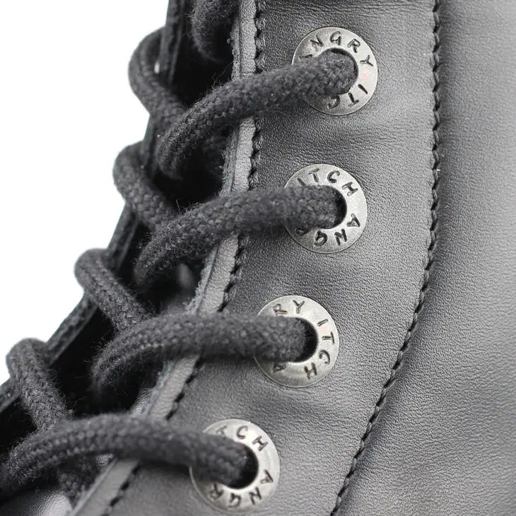 ANGRY ITCH COMBAT BOOT CLOSEUP OF LACES