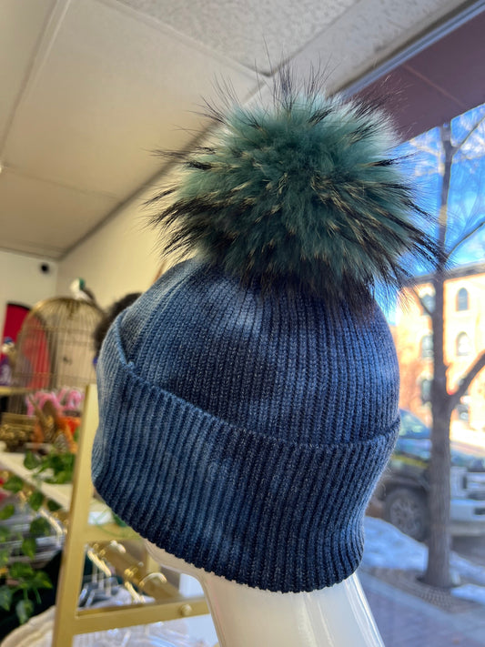 Blue Tie Dye Hat with Real Fur Pom